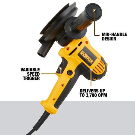 Feature infographic of the DEWALT DWE6401DS sander identifying the mid-handle design, variable speed trigger, and the 6-Amp motor that delivers up to 3,700 OPM.