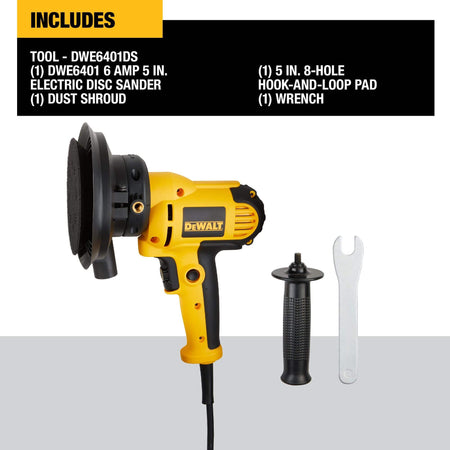 What's Included graphic for the DEWALT DWE6401DS 5-inch sander kit, listing the tool, dust shroud, 8-hole hook-and-loop pad, and wrench against a professional black and yellow header.