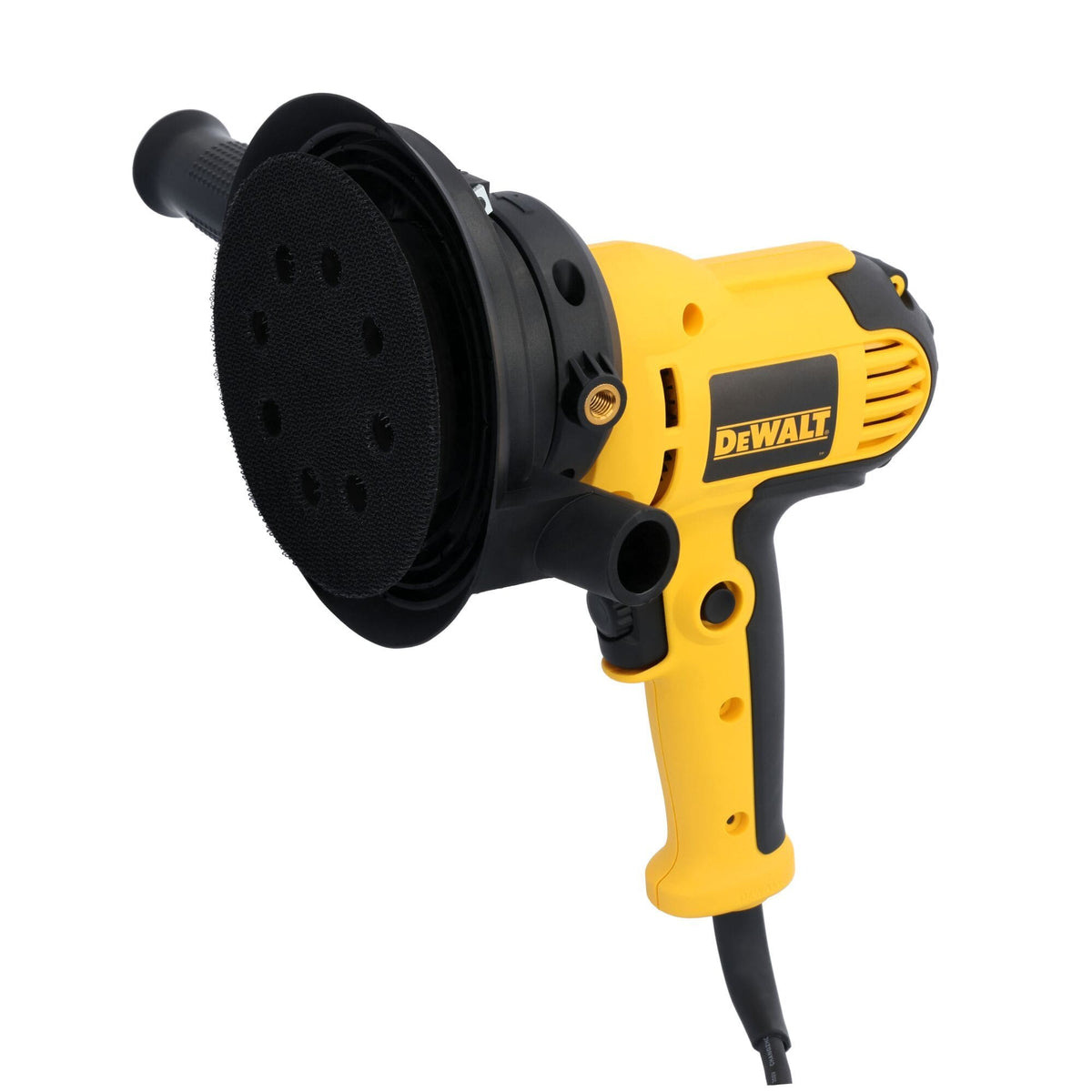 Perspective view of the DEWALT 5-inch variable speed rotary sander highlighting the 8-hole hook and loop sanding pad and the integrated vacuum connection port on the dust shroud.