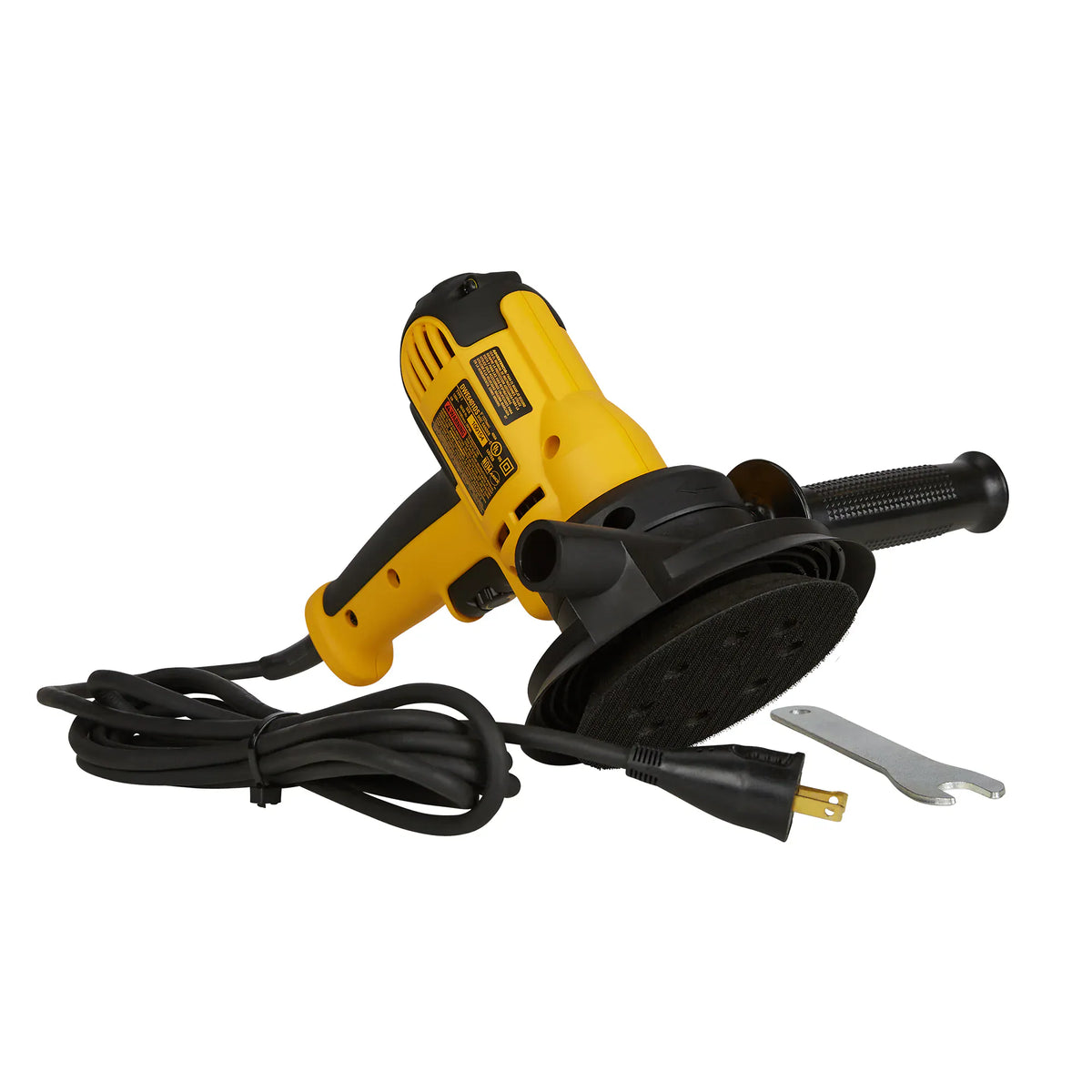 The DEWALT DWE6401DS rotary sander shown with its heavy-duty power cord and included wrench accessory, highlighting the tool's readiness for professional woodworking and metal finishing.
