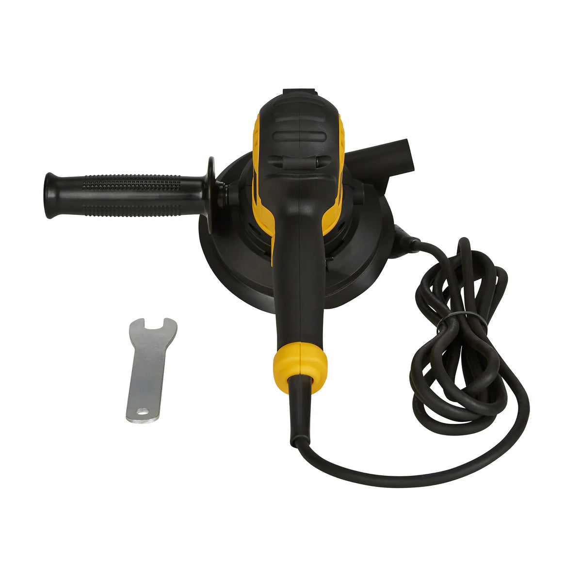 Top-down view of the DEWALT corded 5-inch rotary sander featuring the ergonomic mid-handle design, side handle, and wrench for secure pad installation.