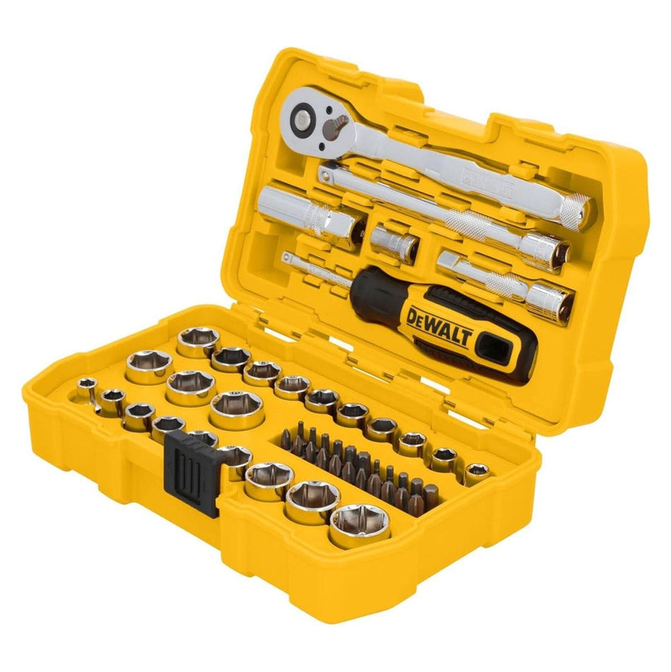 DEWALT tool kit in yellow molded case with designated slots. Contains ratchet wrench, sockets, screwdriver handle, bits, extension bars, and adapters for mechanical tasks.