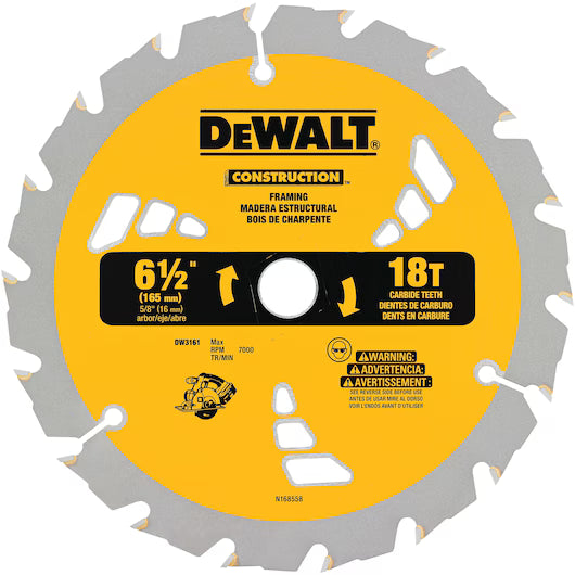 Front view of the DEWALT DW3161 construction saw blade showcasing the 18-tooth carbide configuration, specialized ribbed heat vents for cooling, and 5/8 inch arbor for circular saw compatibility.