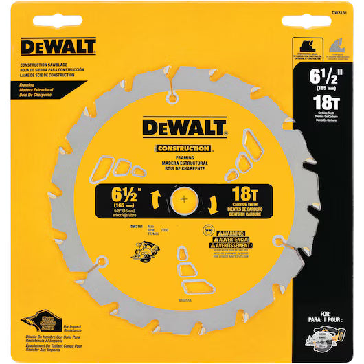 DEWALT 6-1/2 inch 18-tooth framing circular saw blade retail packaging highlighting tungsten carbide teeth and thin kerf design for fast, smooth professional construction cuts.