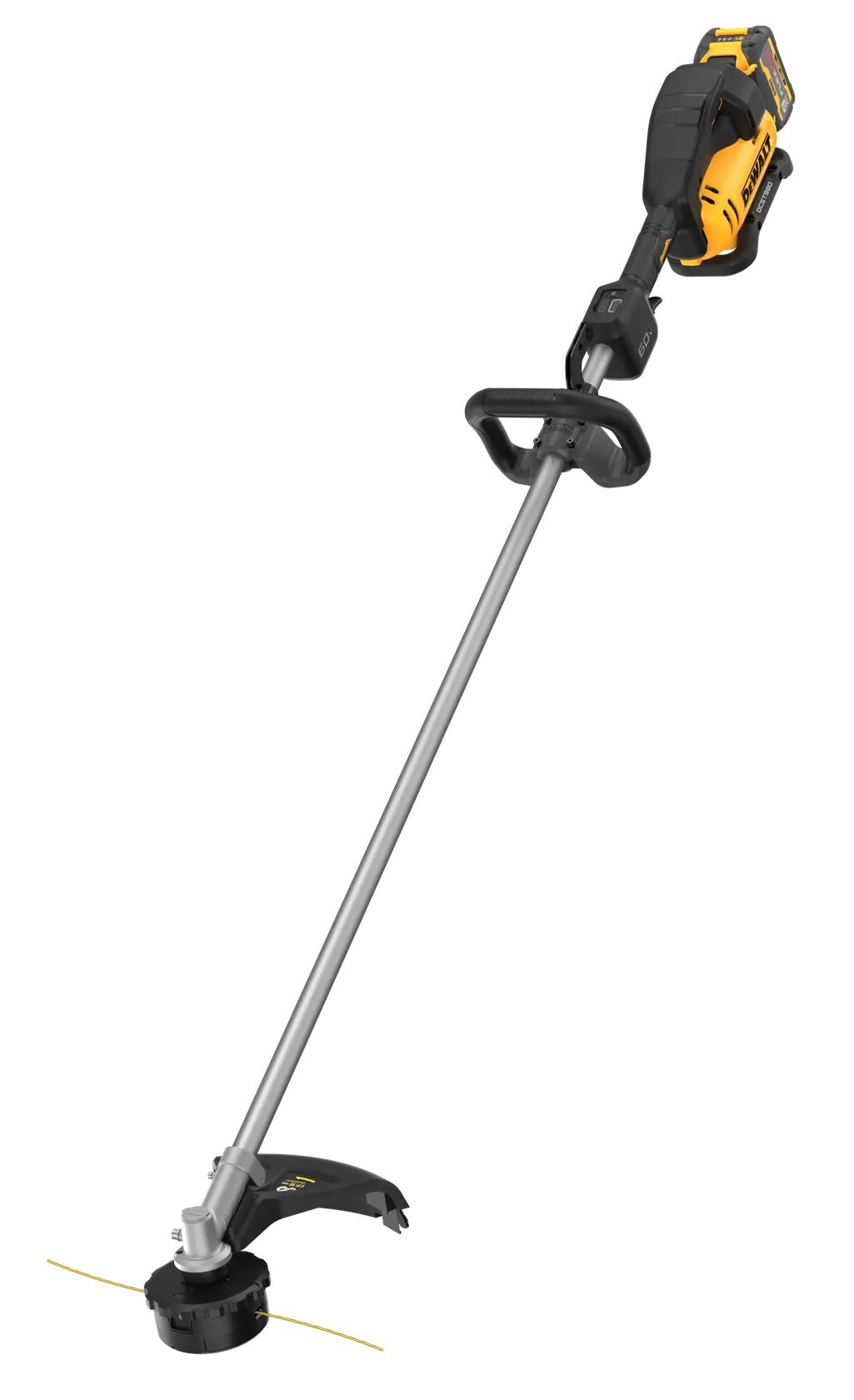 A studio profile shot of the DEWALT 60V MAX brushless 17-1/2 inch string trimmer. The image showcases the straight shaft design, adjustable D-handle, and a high-capacity 9Ah FLEXVOLT battery mounted at the rear for optimal balance during landscape trimming.