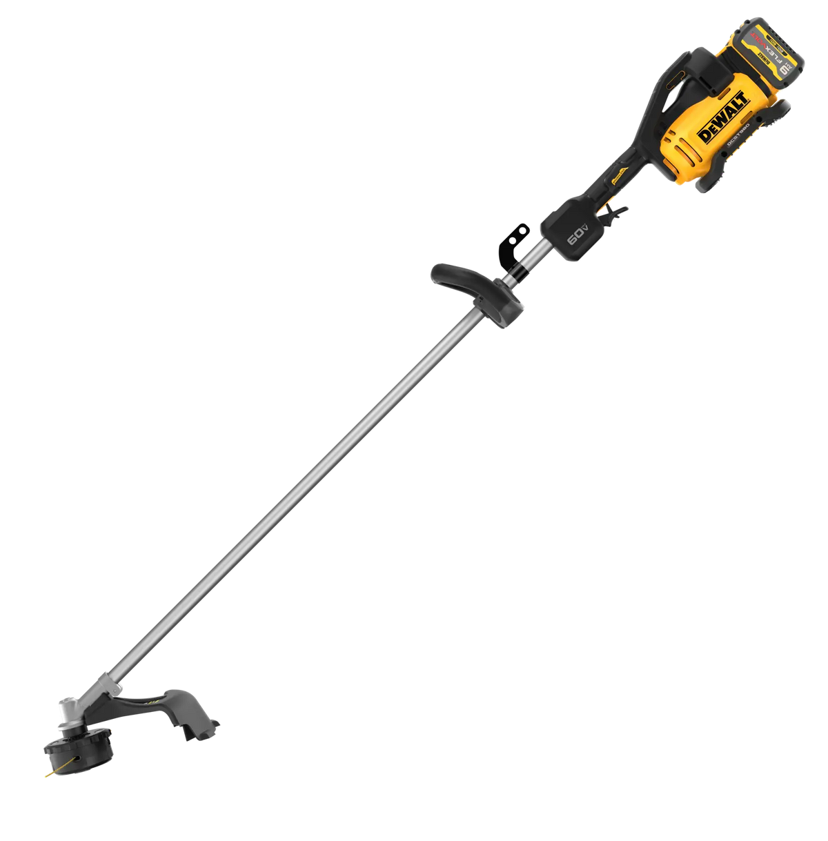 A side studio view of the DEWALT cordless string trimmer. The shot highlights the rugged motor housing, the high-torque brushless power system, and the protective safety guard at the trimmer head, engineered for heavy-duty clearing of weeds and overgrowth.