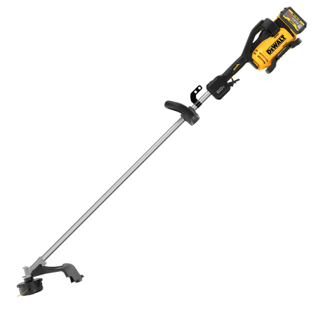 A side studio view of the DEWALT cordless string trimmer. The shot highlights the rugged motor housing, the high-torque brushless power system, and the protective safety guard at the trimmer head, engineered for heavy-duty clearing of weeds and overgrowth.