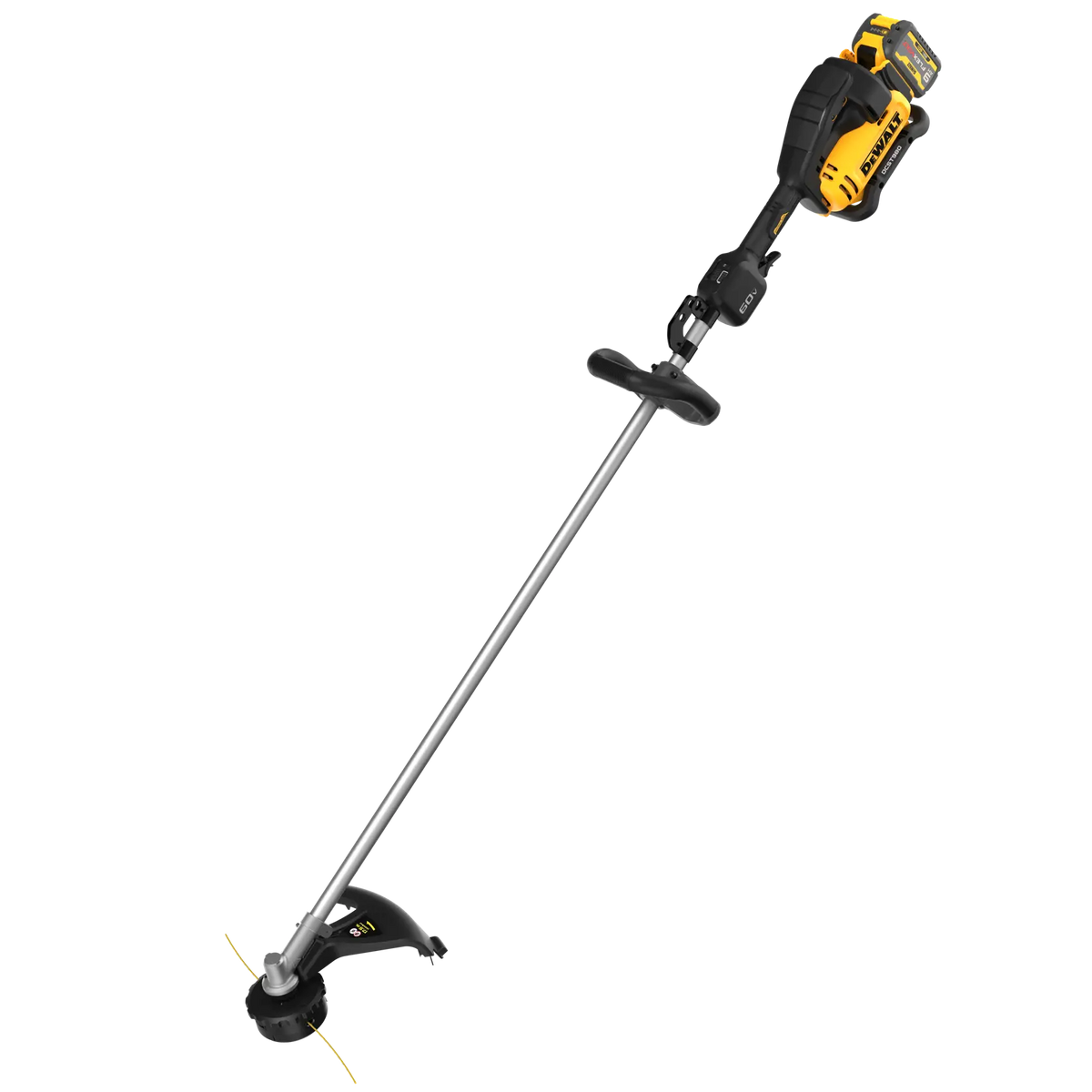 A three-quarter perspective of the DEWALT DCST980X2 string trimmer. This view emphasizes the professional build quality of the 60V MAX platform, featuring a massive 17.5-inch cutting swath and an ergonomic grip designed for all-day commercial use.