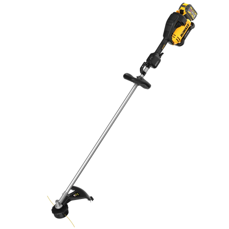 A three-quarter perspective of the DEWALT DCST980X2 string trimmer. This view emphasizes the professional build quality of the 60V MAX platform, featuring a massive 17.5-inch cutting swath and an ergonomic grip designed for all-day commercial use.