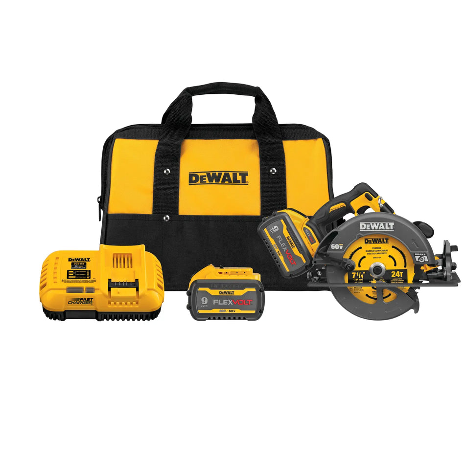 A complete kit view of the DEWALT DCS578X2 60V MAX FLEXVOLT circular saw set. The image showcases the 7-1/4 inch brushless saw, two 9.0Ah batteries, a fast charger, and a durable yellow and black contractor tool bag for professional storage and transport.