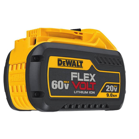 A studio view of the DEWALT DCB609 FLEXVOLT battery. This high-capacity 9.0Ah lithium-ion battery automatically switches voltage between 20V and 60V MAX to provide maximum power for high-demand tools and extended runtime for standard jobsite equipment.