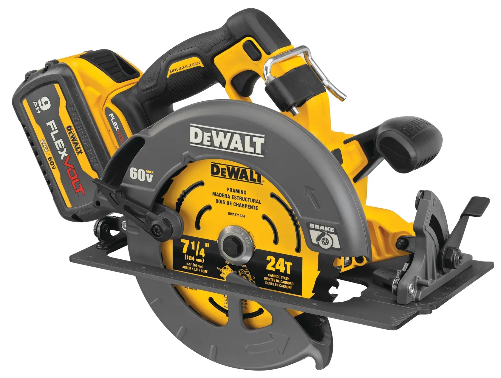 A detailed perspective shot of the DEWALT 60V MAX circular saw. The image highlights the 7-1/4 inch 24T carbide-tipped framing blade, the protective blade guard with integrated electronic brake, and the ergonomic handle designed for high-power cordless cutting.