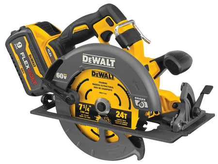 A detailed perspective shot of the DEWALT 60V MAX circular saw. The image highlights the 7-1/4 inch 24T carbide-tipped framing blade, the protective blade guard with integrated electronic brake, and the ergonomic handle designed for high-power cordless cutting.