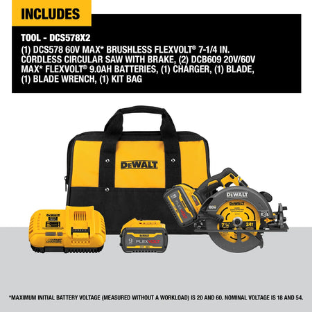 A marketing graphic listing the contents of the DCS578X2 kit. Labeled text confirms the set includes the 60V MAX brushless circular saw, two 9.0Ah batteries, a fast charger, framing blade, blade wrench, and a heavy-duty contractor kit bag.