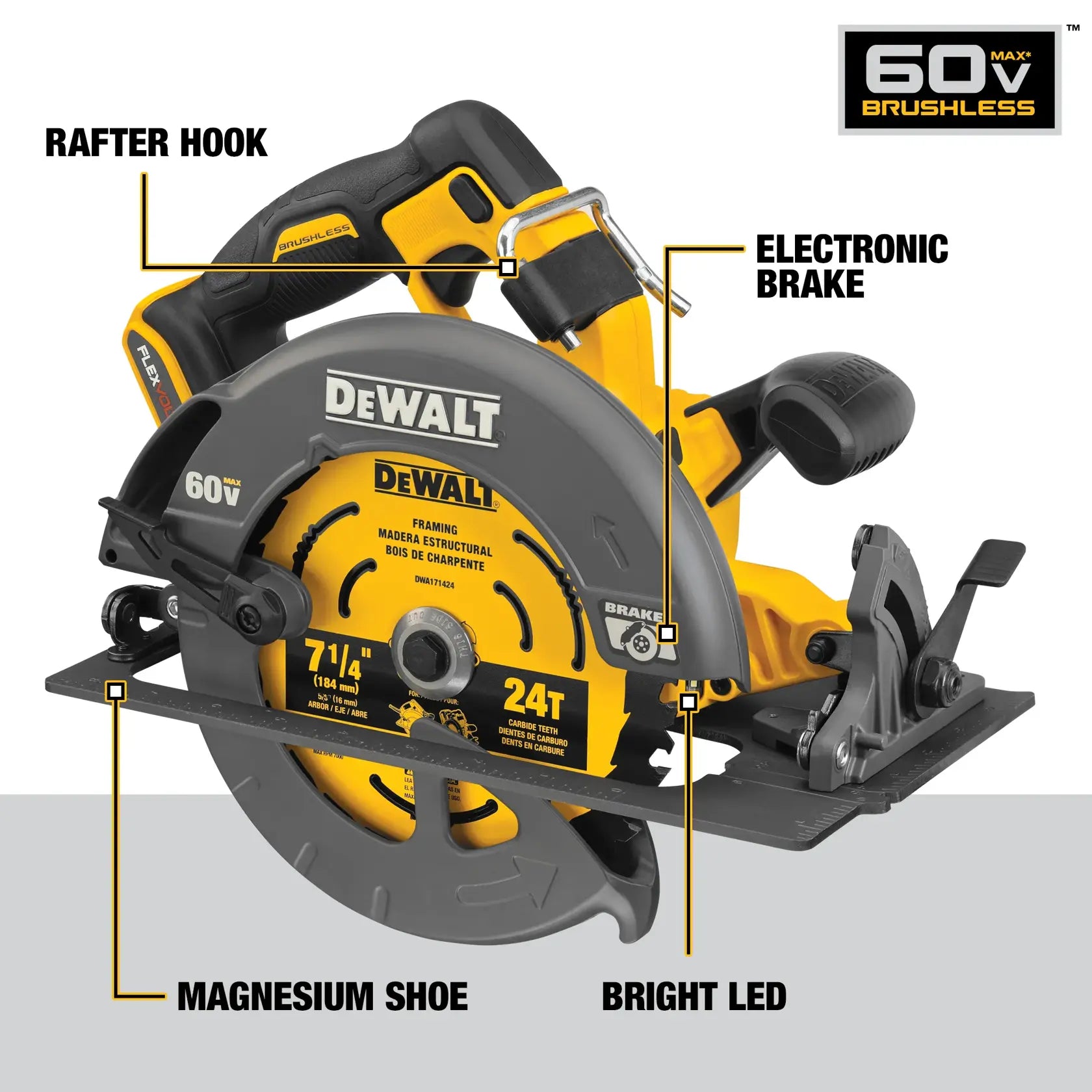 An annotated product diagram of the DEWALT 60V MAX circular saw. Labeled features include the integrated rafter hook for jobsite storage, the electronic blade brake for safety, a durable magnesium shoe, and a bright LED work light for improved cut line visibility.