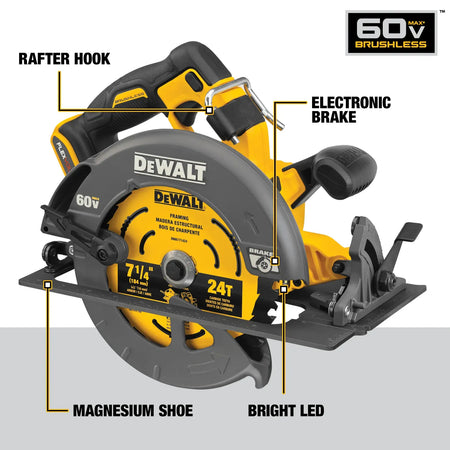 An annotated product diagram of the DEWALT 60V MAX circular saw. Labeled features include the integrated rafter hook for jobsite storage, the electronic blade brake for safety, a durable magnesium shoe, and a bright LED work light for improved cut line visibility.