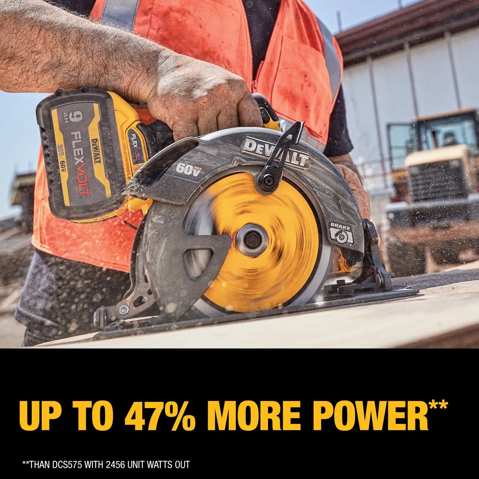 An action lifestyle shot showing a professional contractor using the DEWALT 60V circular saw to rip through heavy lumber. A text overlay highlights that the brushless motor provides up to 47 percent more power compared to previous models.