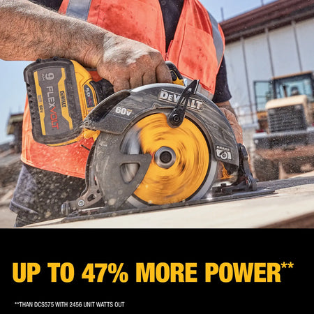 An action lifestyle shot showing a professional contractor using the DEWALT 60V circular saw to rip through heavy lumber. A text overlay highlights that the brushless motor provides up to 47 percent more power compared to previous models.