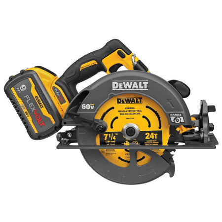 A side profile of the DEWALT DCS578 60V MAX brushless circular saw with a 9.0Ah FLEXVOLT battery attached. The image shows the 24T carbide-tipped framing blade and the sturdy baseplate adjusted for a 90-degree vertical cut.