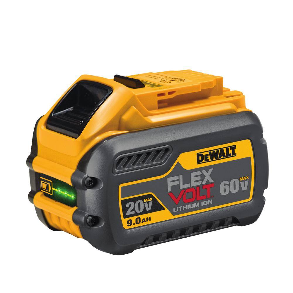 A three-quarter view of the DEWALT FLEXVOLT 9.0Ah battery showing the green LED state-of-charge indicator. This smart battery technology provides 60V power for heavy-duty tools like circular saws while remaining compatible with the 20V MAX tool system.