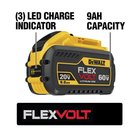 A marketing infographic for the DEWALT FLEXVOLT battery. Callouts emphasize the 9Ah high-capacity storage for long-lasting jobsite performance and the 3-LED fuel gauge that allows users to monitor remaining battery life at a glance.