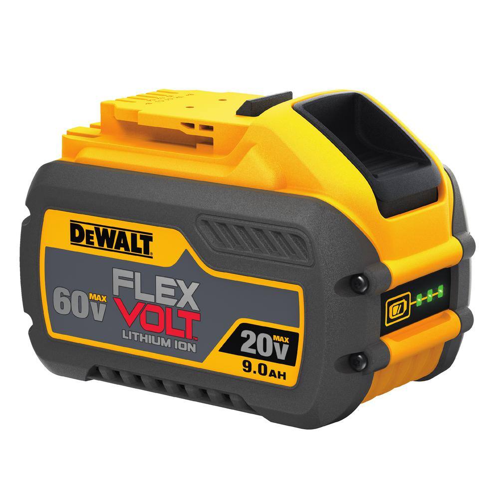 A detailed view of the DEWALT DCB609 battery housing. The rugged black and yellow design is built for industrial durability, featuring a secure latching mechanism for high-vibration power tool applications like circular saw cutting.