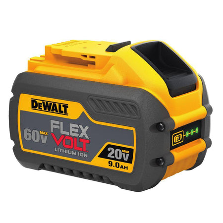 A detailed view of the DEWALT DCB609 battery housing. The rugged black and yellow design is built for industrial durability, featuring a secure latching mechanism for high-vibration power tool applications like circular saw cutting.