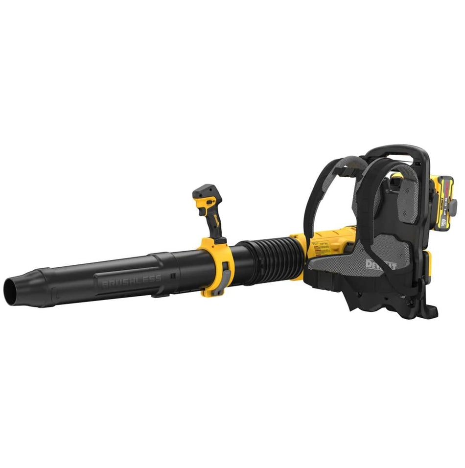 A three-quarter studio perspective of the DEWALT brushless cordless backpack blower. This view emphasizes the breathable mesh padding of the harness, the flexible heavy-duty bellows on the blower tube, and the high-output motor housing designed for industrial power and durability.