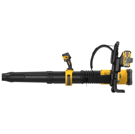 DEWALT 20V MAX XR Brushless Cordless Handheld Blower with long nozzle and shoulder strap, featuring brushless motor technology for efficient yard maintenance and debris removal
