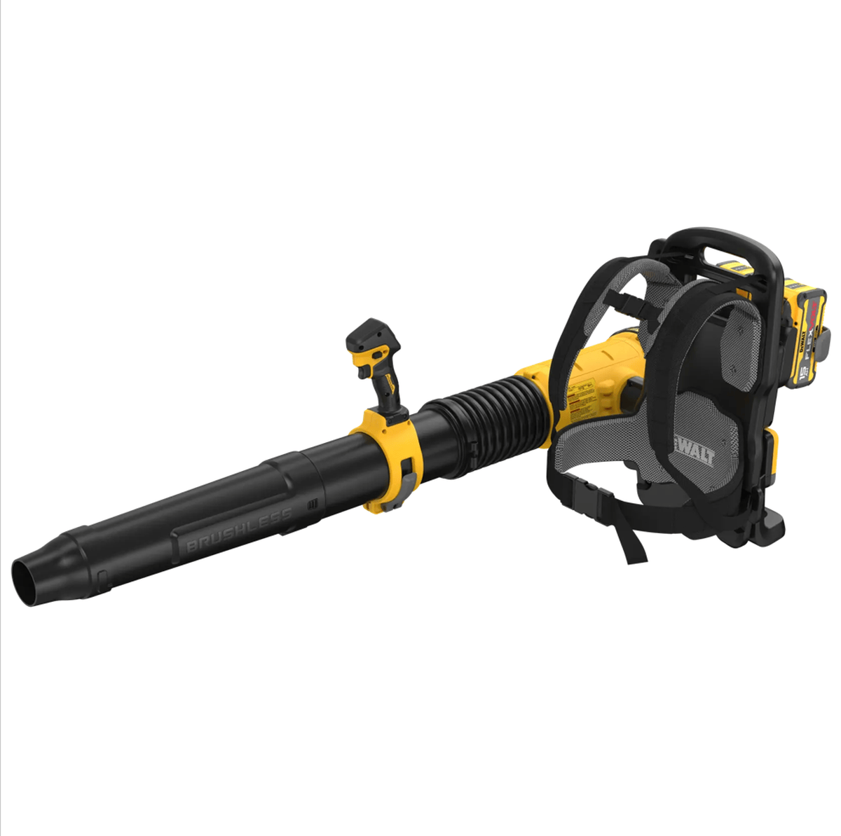 DEWALT 60V MAX FLEXVOLT Brushless Backpack Blower with flexible hose, padded shoulder straps, and side‑mounted battery pack designed for high‑power leaf blowing and jobsite cleanup.
