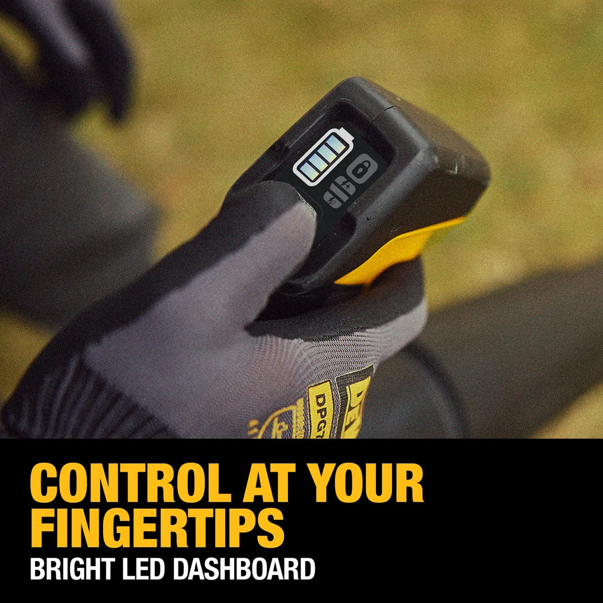 Close‑up of DEWALT 60V MAX FLEXVOLT Backpack Blower LED dashboard display showing battery level and control icons, demonstrating fingertip control and user‑friendly interface for high‑power blower operation.