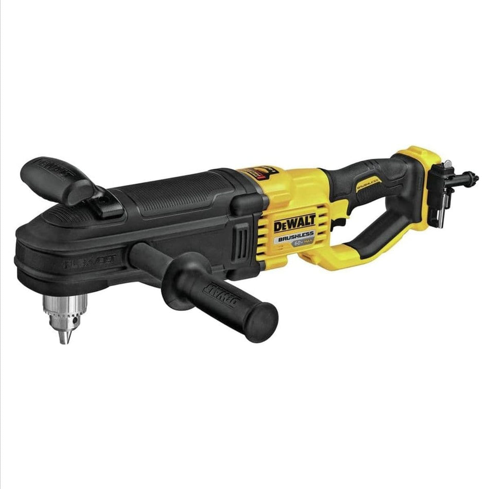 Angled profile of a DEWALT 60V MAX Brushless Cordless In-Line Stud and Joist Drill DCD470B Bare Tool featuring a 1/2 inch keyed chuck and adjustable side handle.