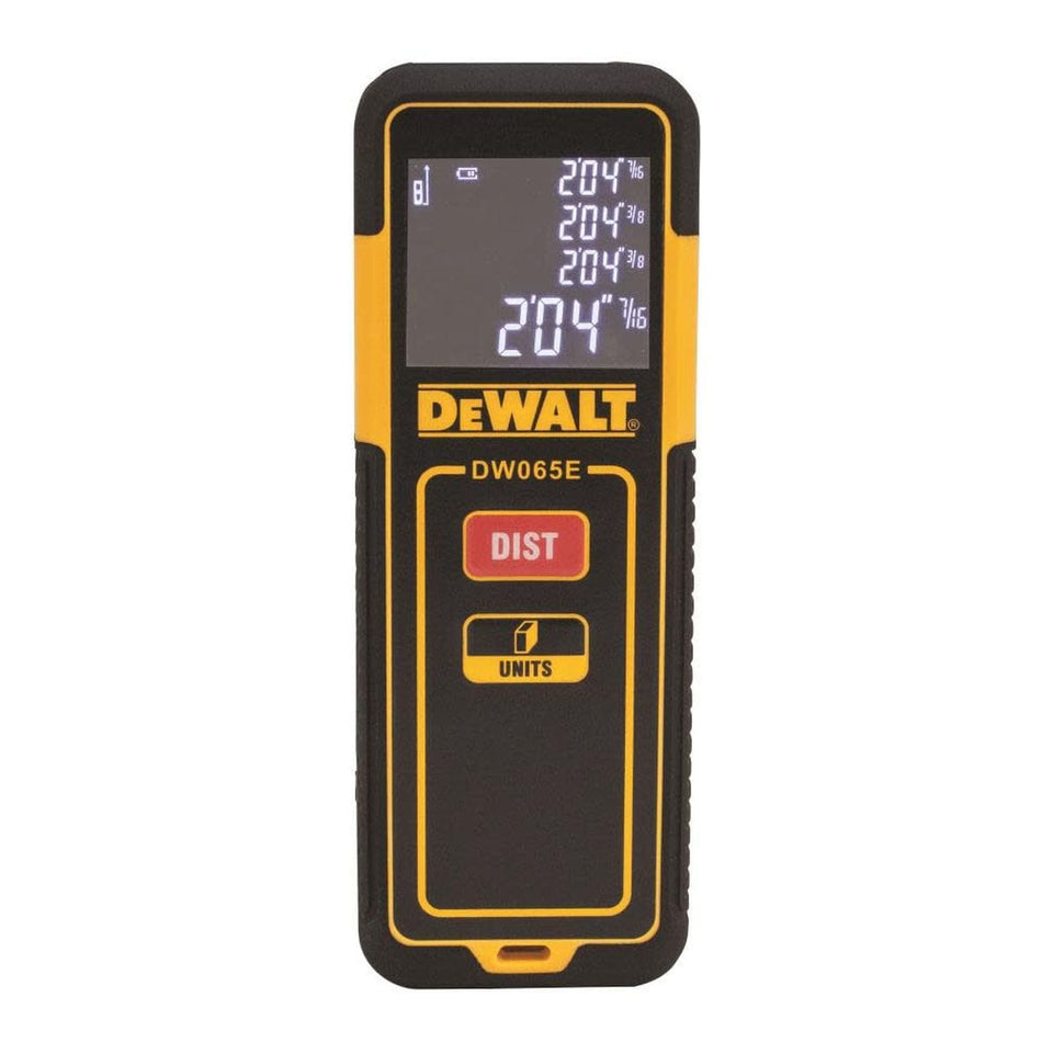 Front view of the DEWALT DW065E 65 ft laser distance measurer featuring a high-contrast digital LCD screen displaying multiple measurements and simple two-button touch pad controls for distance and units.
