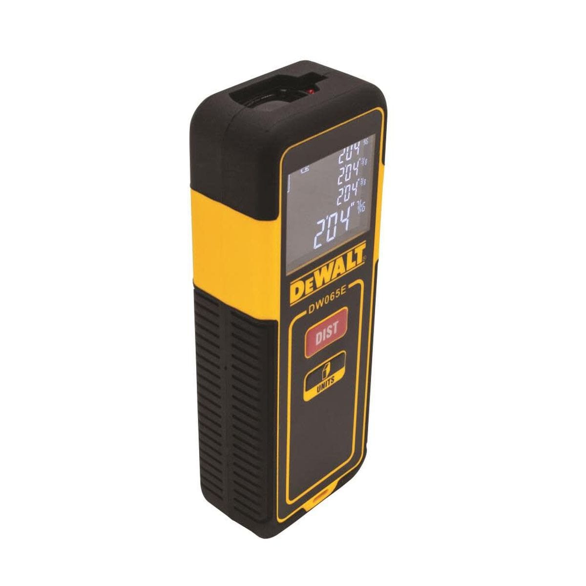 Angled studio shot of the DEWALT DW065E digital range finder highlighting the rugged black and yellow TPE over-mold housing designed for professional jobsite durability and impact resistance.