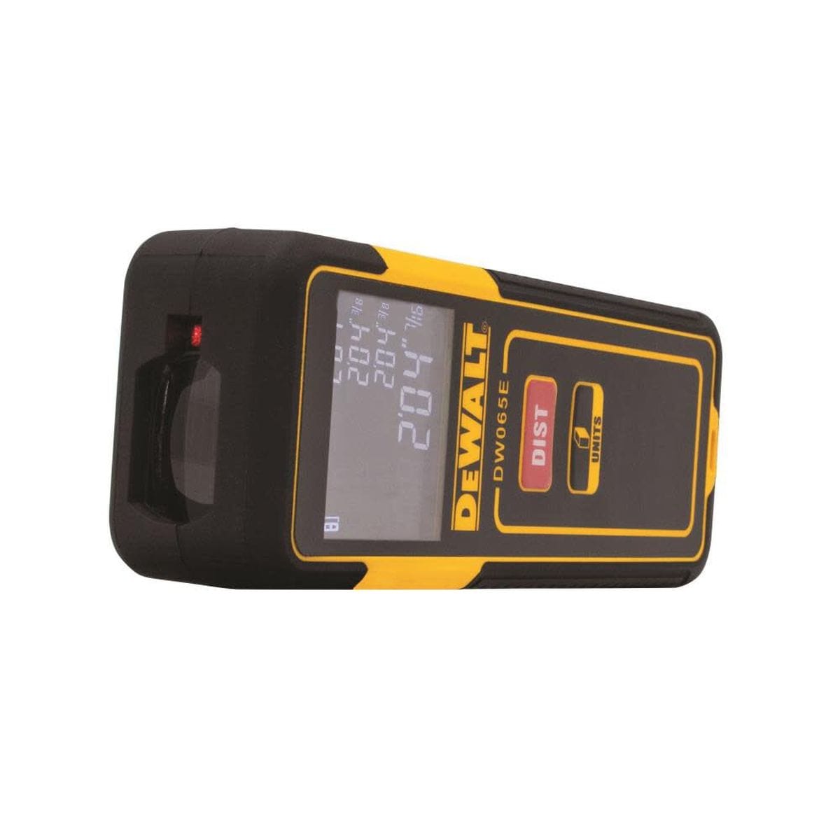 Side perspective of the DEWALT laser distance measurer showing the recessed laser diode protected by impact-resistant glass for accurate indoor and outdoor area and volume calculations.