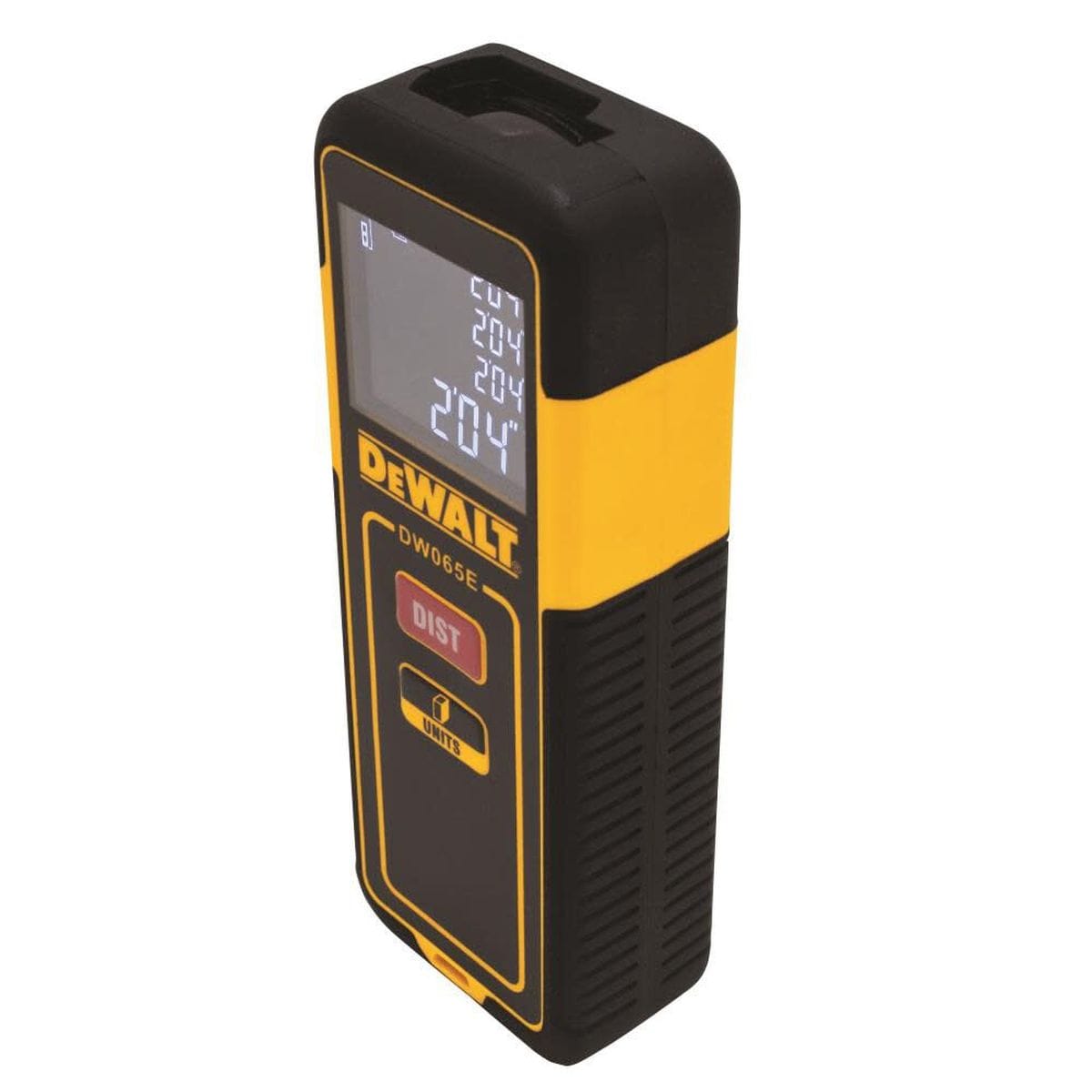 Rear angled view of the compact DEWALT DW065E measuring tool emphasizing the ergonomic textured grip and slim profile for easy single-handed operation during construction layout tasks.