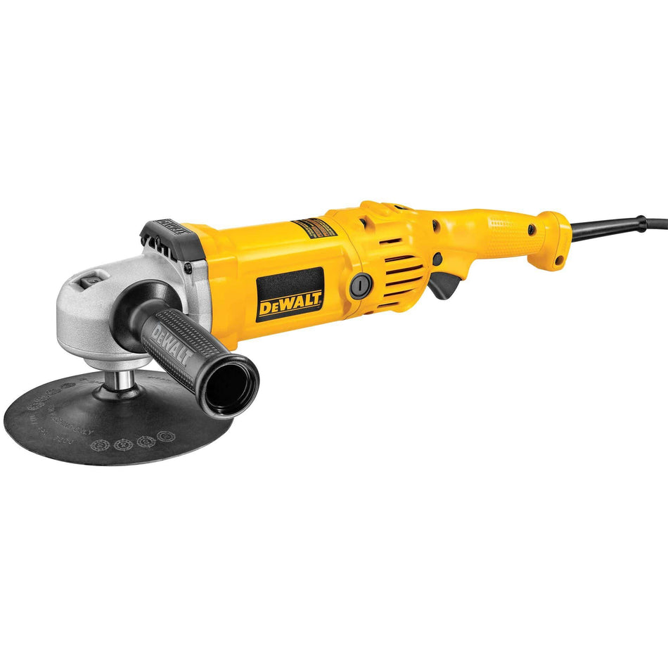 Side profile of the DEWALT DWP849 7-inch to 9-inch corded polisher featuring a 12-Amp motor, silver gear housing, and a black rubber backing pad.