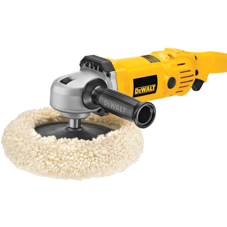 The DEWALT DWP849 variable speed polisher shown with a wool bonnet attached to the backing pad, illustrating its readiness for high-performance automotive finishing.