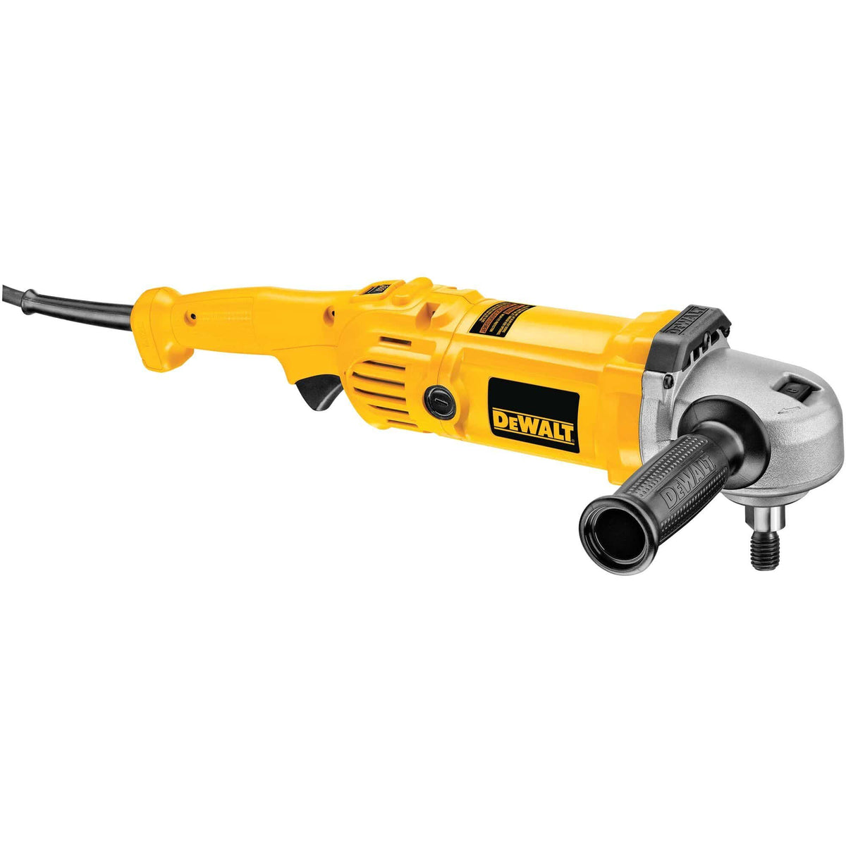 Rear perspective of the DEWALT corded rotary polisher showing the ergonomic handle, power cord, and side-mounted auxiliary handle for improved user control.