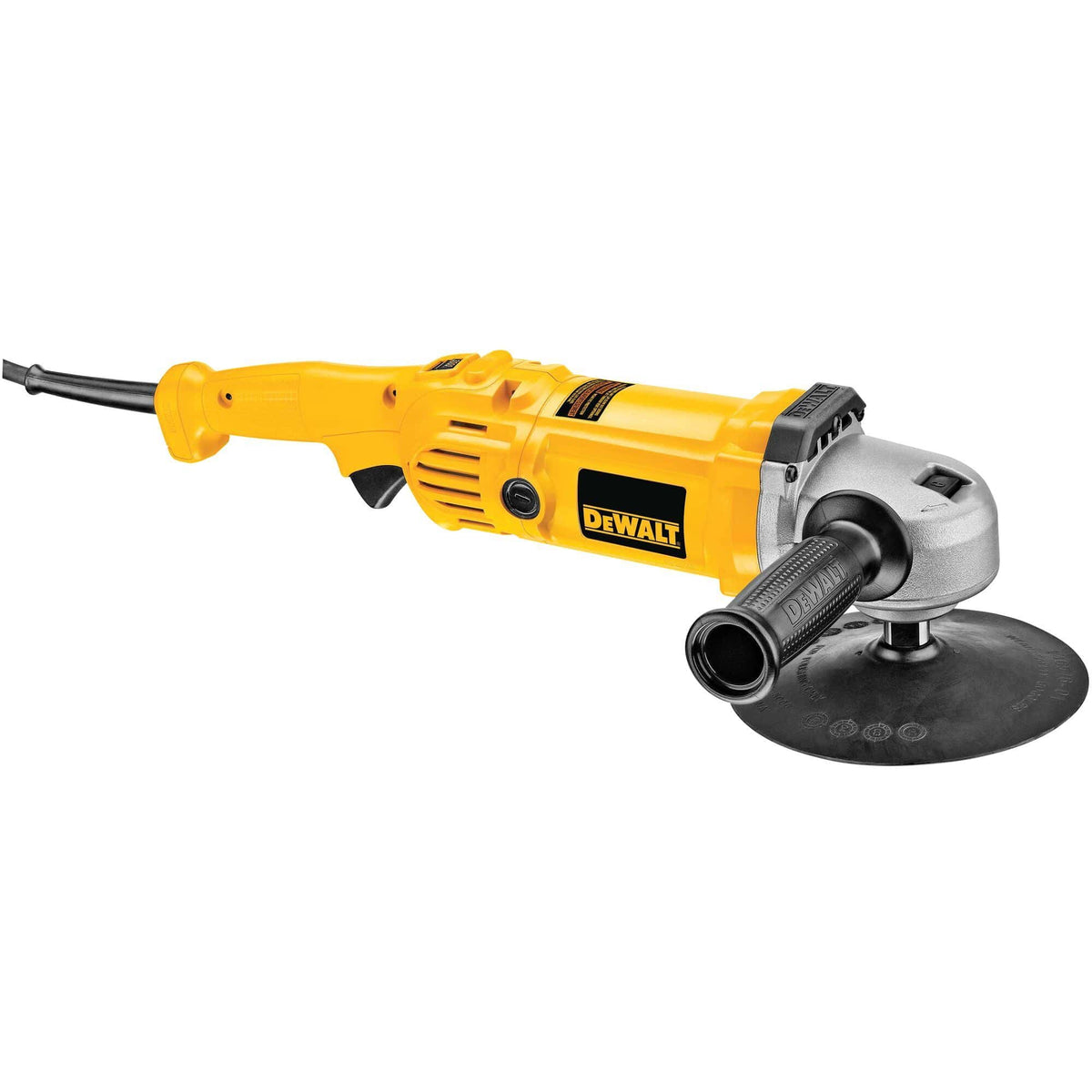Full-length view of the DEWALT DWP849 corded polisher highlighting the high-torque gear housing and the variable speed dial located on top of the tool body.