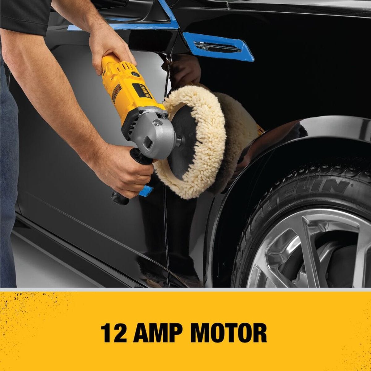 Professional automotive polishing application using the DEWALT 12-Amp motor polisher on a black vehicle fender to demonstrate high-torque material removal and finishing.