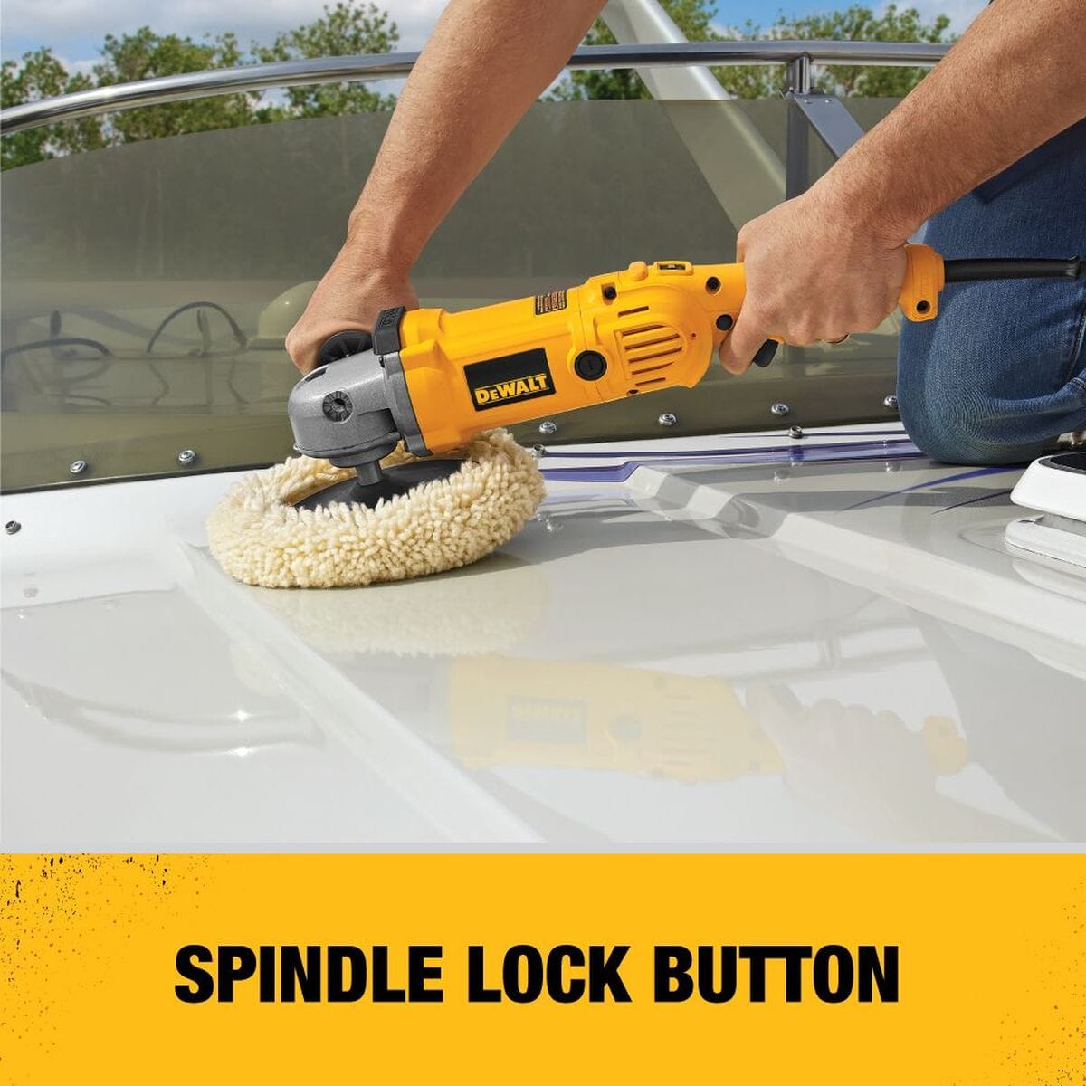 A user utilizing the spindle lock button on the DEWALT DWP849 polisher while buffing a marine gelcoat surface, showing the tool's versatility for boat and auto detailing.