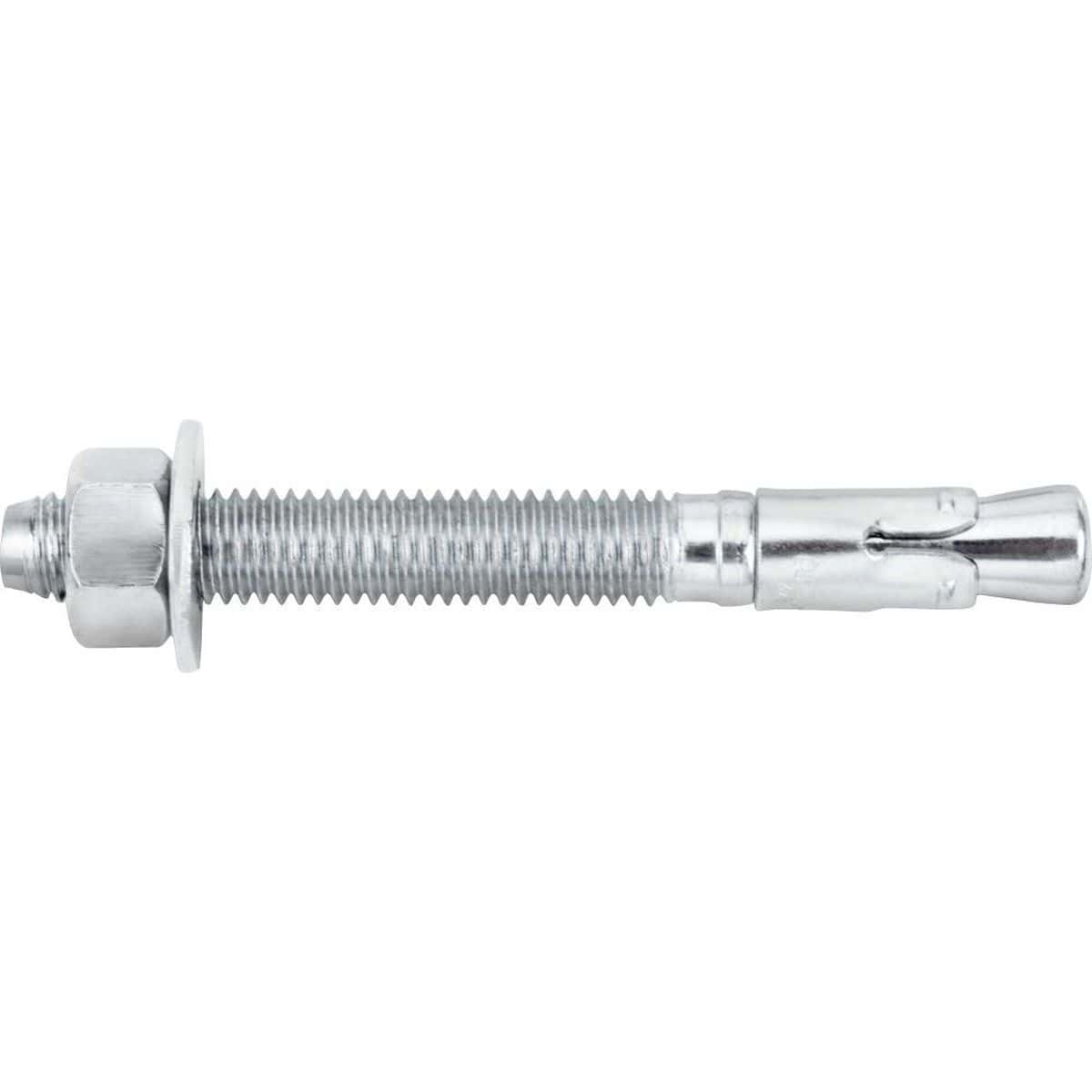 Full-length horizontal profile of the DEWALT 3/8-inch x 3-inch wedge anchor featuring a zinc-plated carbon steel finish and structural expansion clip for professional concrete and masonry fastening.