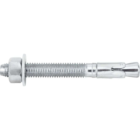 Full-length horizontal profile of the DEWALT 3/8-inch x 3-inch wedge anchor featuring a zinc-plated carbon steel finish and structural expansion clip for professional concrete and masonry fastening.