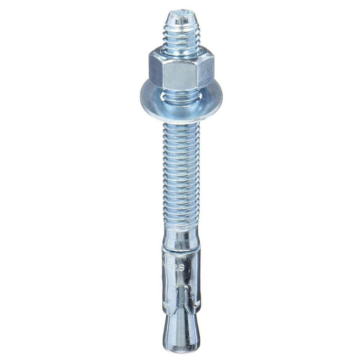 Vertical studio shot of the DEWALT 7413SD1 carbon steel wedge expansion anchor with a pre-assembled zinc-plated hex nut and washer, highlighting the heavy-duty expansion clip and fully threaded body.