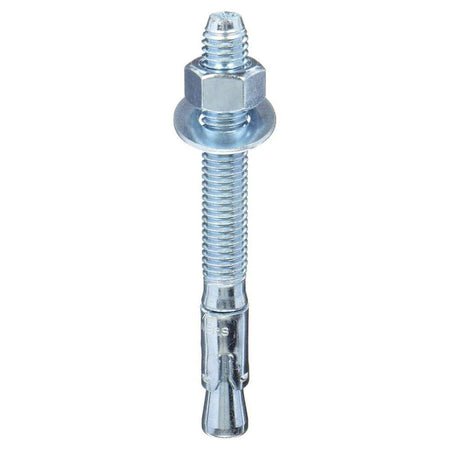 Vertical studio shot of the DEWALT 7413SD1 carbon steel wedge expansion anchor with a pre-assembled zinc-plated hex nut and washer, highlighting the heavy-duty expansion clip and fully threaded body.