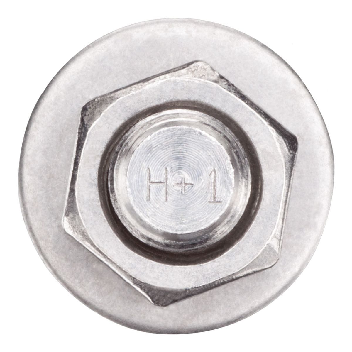 DEWALT 7450SD1 Power-Stud SD1 carbon steel wedge expansion anchor showing a close-up overhead view of the round anchor head showing stamped inspection and length identification code markings inside the hex nut assembly isolated on a white background.