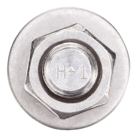 DEWALT 7450SD1 Power-Stud SD1 carbon steel wedge expansion anchor showing a close-up overhead view of the round anchor head showing stamped inspection and length identification code markings inside the hex nut assembly isolated on a white background.