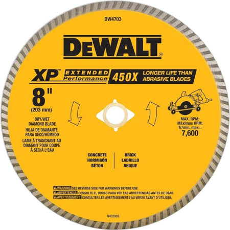 Close-up of DEWALT DW4703 8-inch XP™ Extended Performance diamond saw blade showing product label, directional arrows, and multilingual safety warnings; designed for dry or wet cutting of concrete and brick with a maximum RPM of 7,600.
