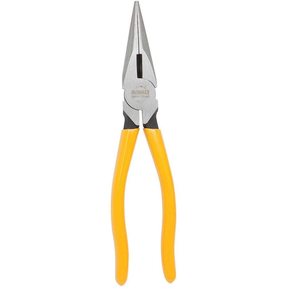 Vertical view of the DEWALT 8 inch long nose pliers featuring precision-machined chrome vanadium steel jaws and yellow anti-tear dipped comfort grips.